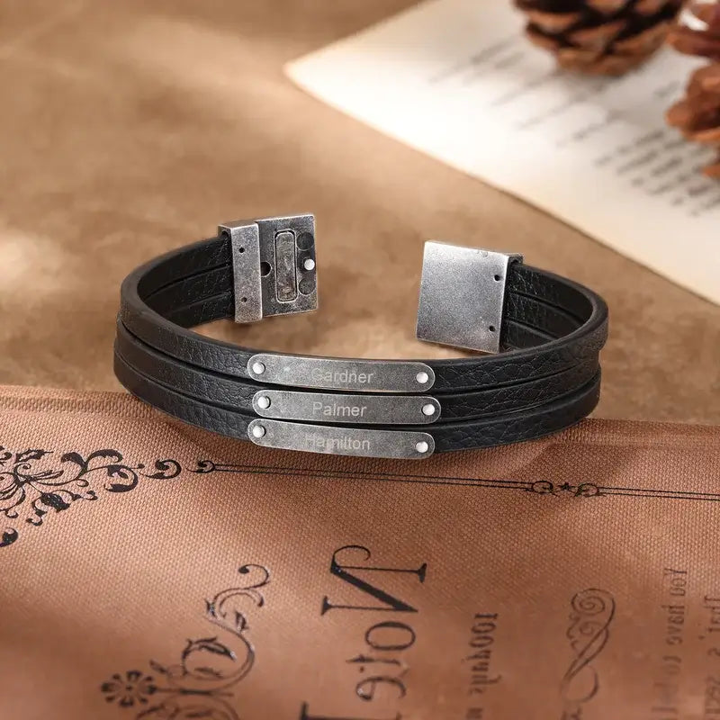 Personalised Mens Multi-Strand Black Leather Bracelet