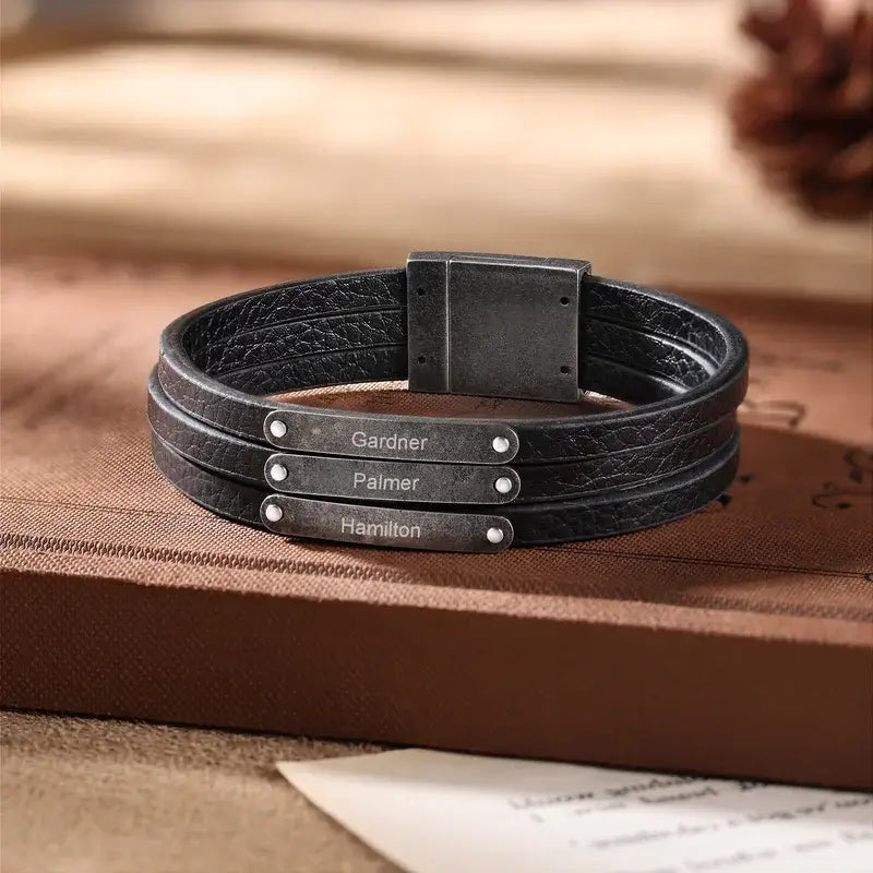 Personalised Mens Multi-Strand Black Leather Bracelet