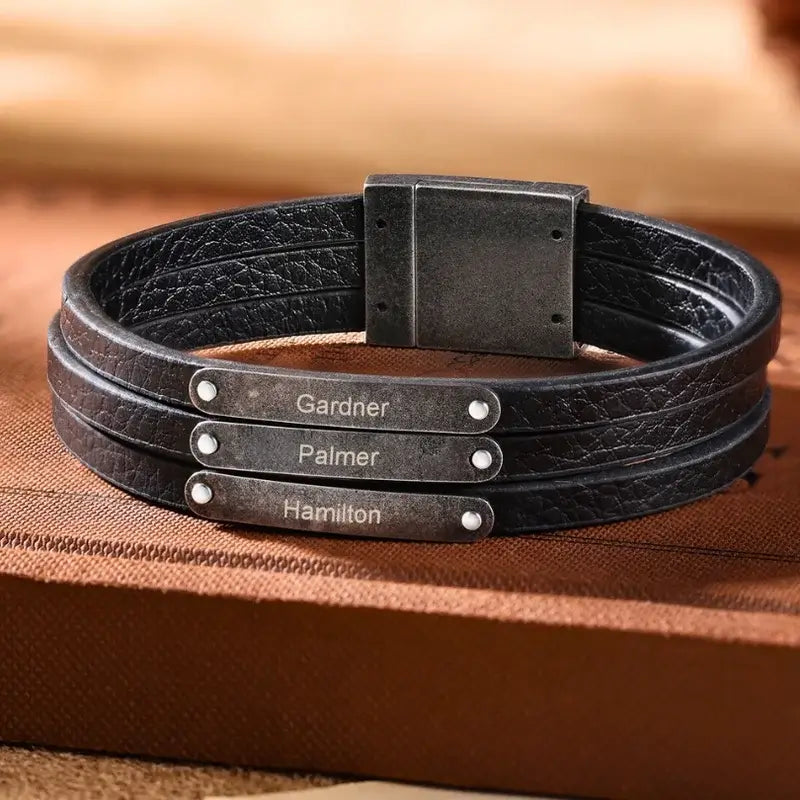 Personalised Mens Multi-Strand Black Leather Bracelet