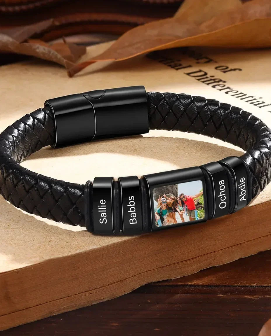 Black leather bracelet with photo bead and four engraved name beads