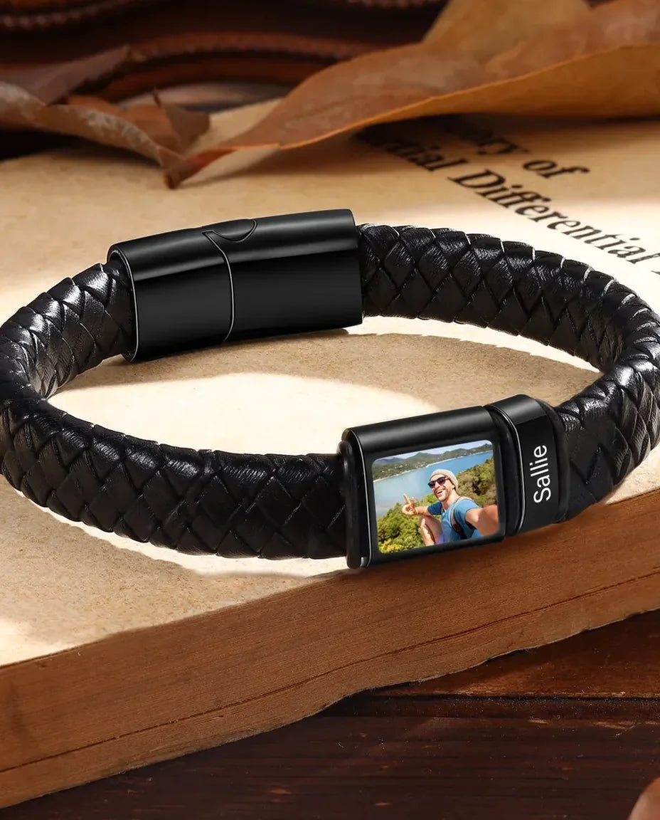 Black braided leather bracelet with single glass domed photo bead