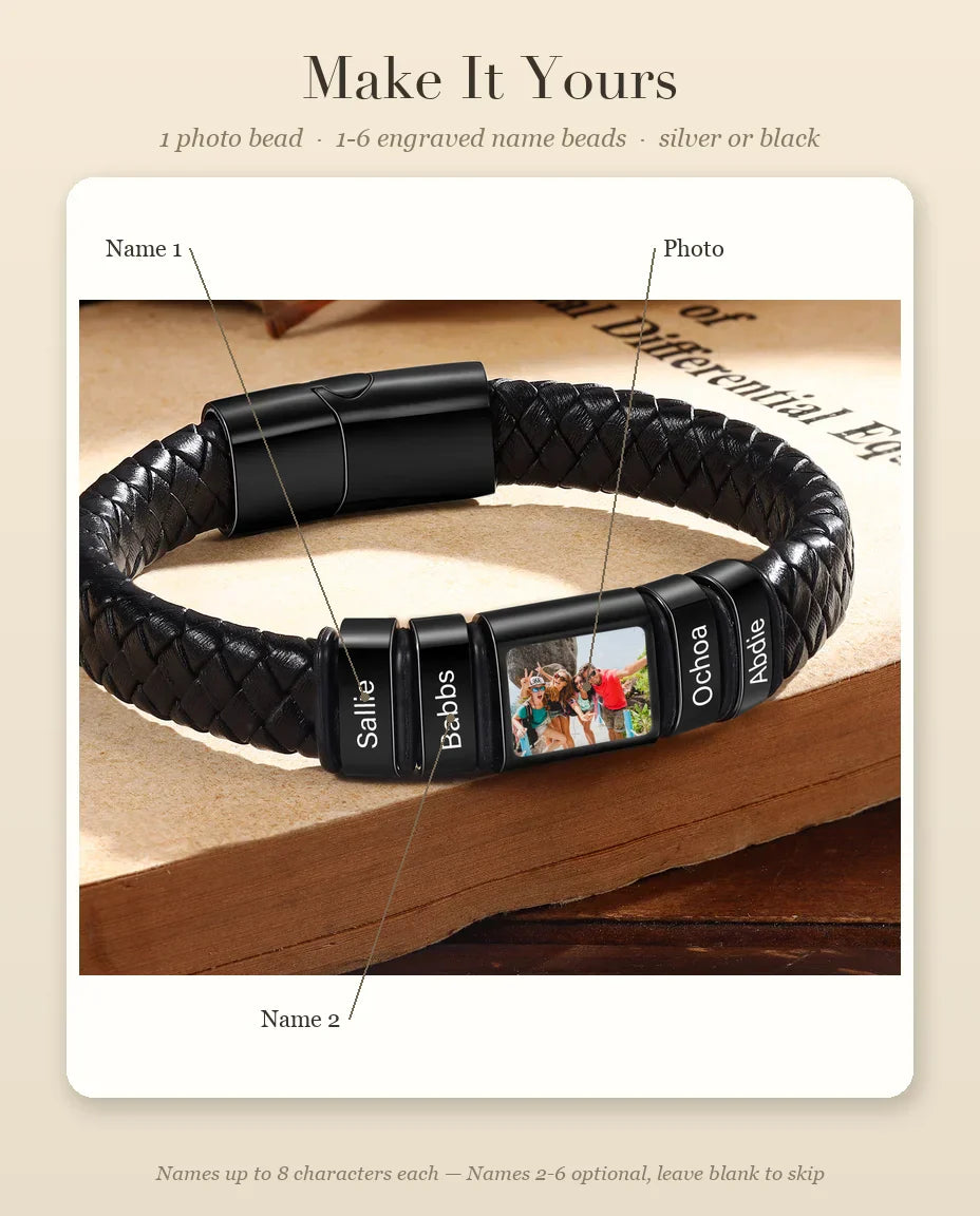 Personalisation guide: photo bead and name bead positions for the leather bracelet