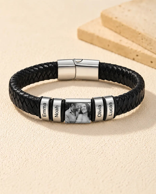 Personalised Men's Leather Bracelet with Photo Charm & Name Beads - front view