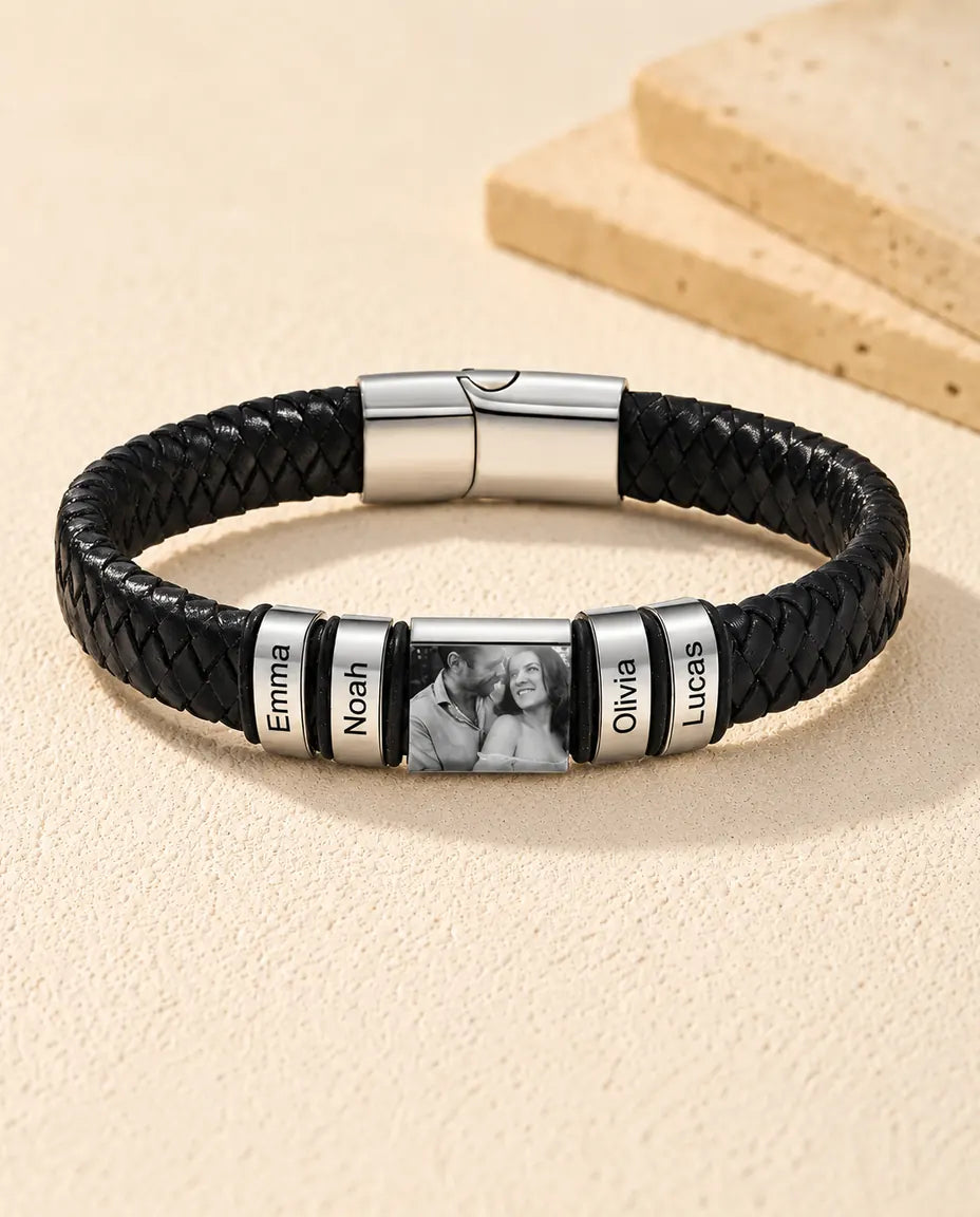 Personalised Men's Leather Bracelet with Photo Charm & Name Beads - front view
