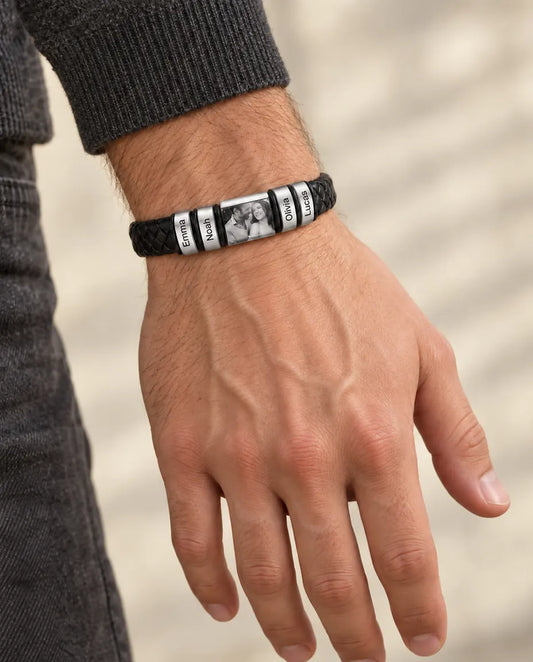 Personalised Men's Leather Bracelet with Photo Charm & Name Beads - worn on a model