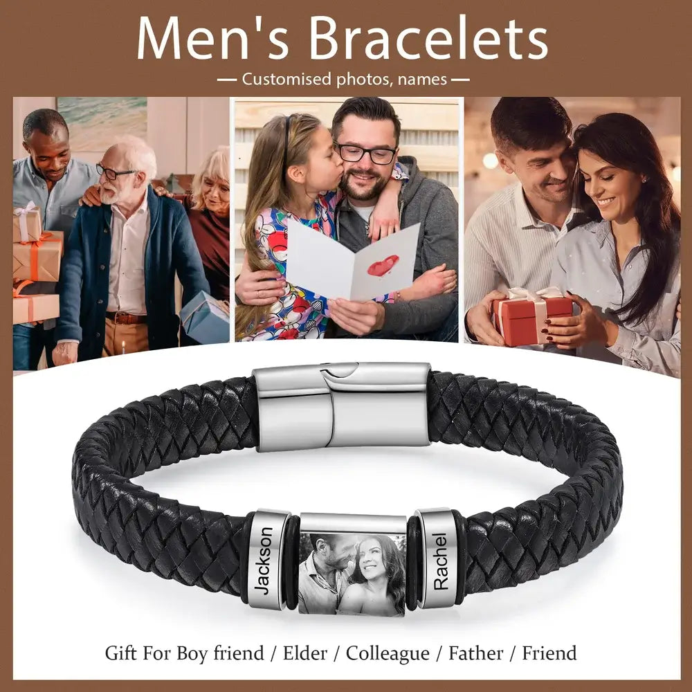 Photo Bracelet for Him, Men's Photo Bracelet, Personalised Engraved Men's Name Bracelet, 2-5 Engraved Beads