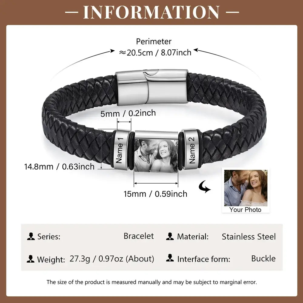 Photo Bracelet for Him, Men's Photo Bracelet, Personalised Engraved Men's Name Bracelet, 2-5 Engraved Beads