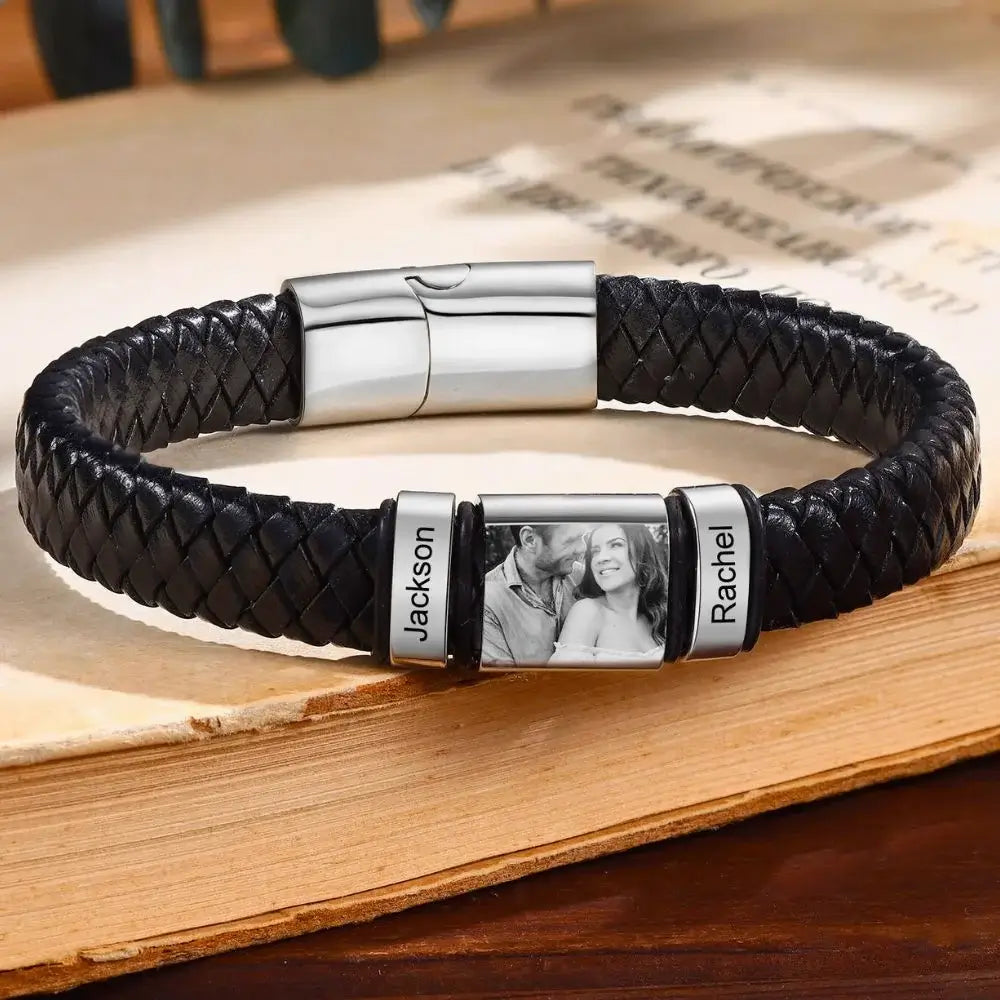 Photo Bracelet for Him, Men's Photo Bracelet, Personalised Engraved Men's Name Bracelet, 2-5 Engraved Beads