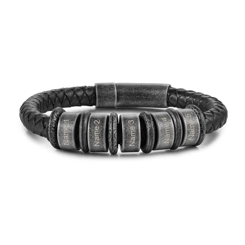 Personalised Men's Stainless Steel Black Leather Bracelet