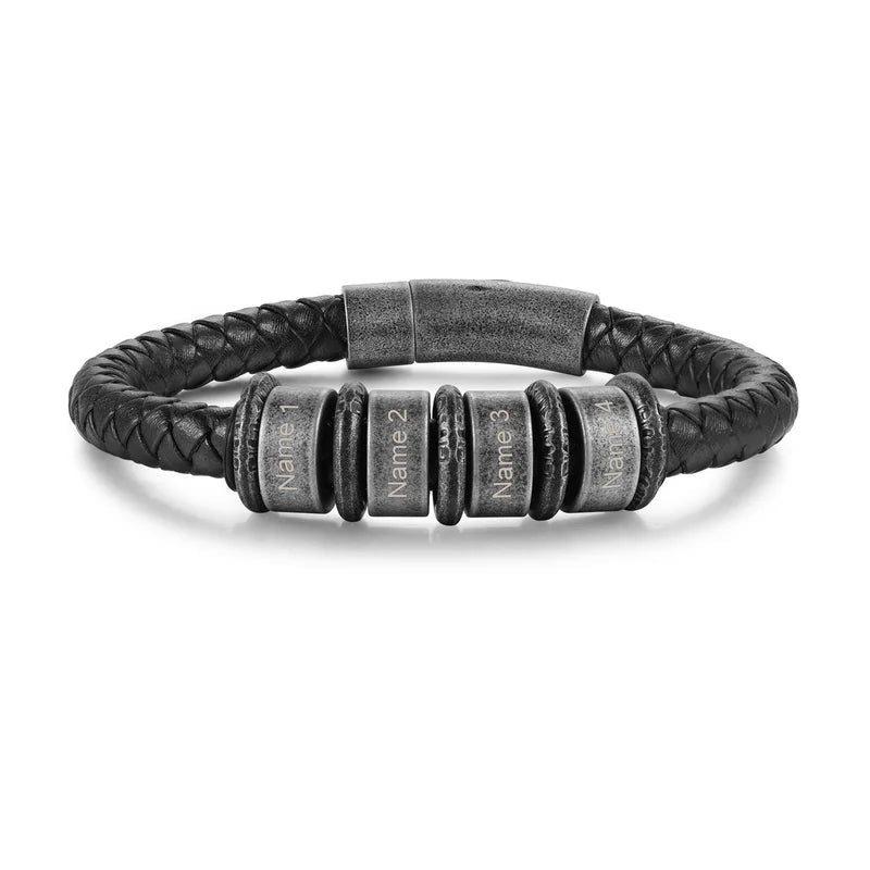 Personalised Men's Stainless Steel Black Leather Bracelet