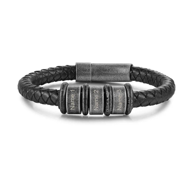 Personalised Men's Stainless Steel Black Leather Bracelet