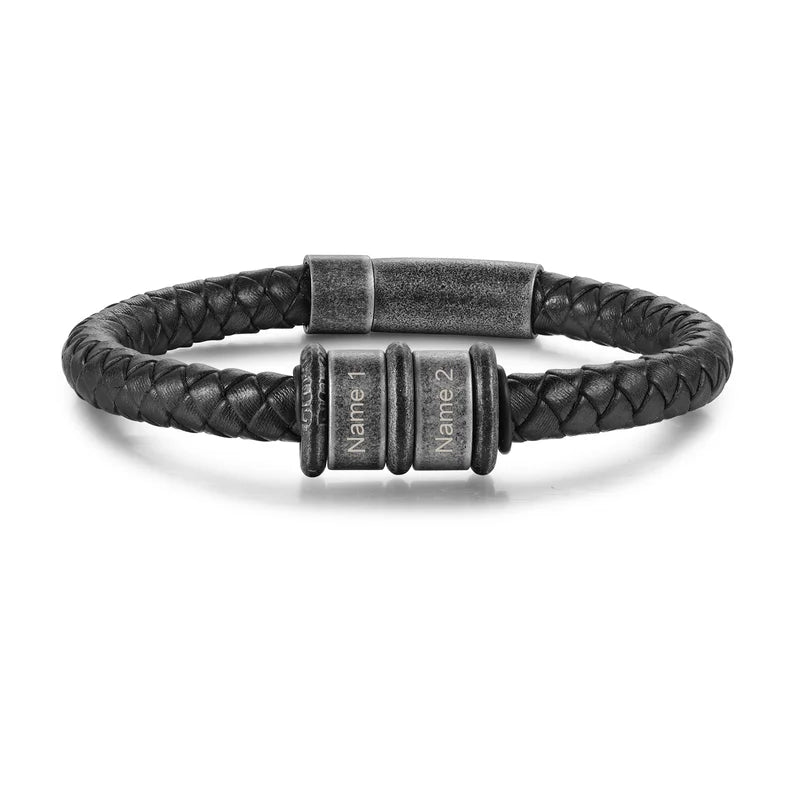 Personalised Men's Stainless Steel Black Leather Bracelet