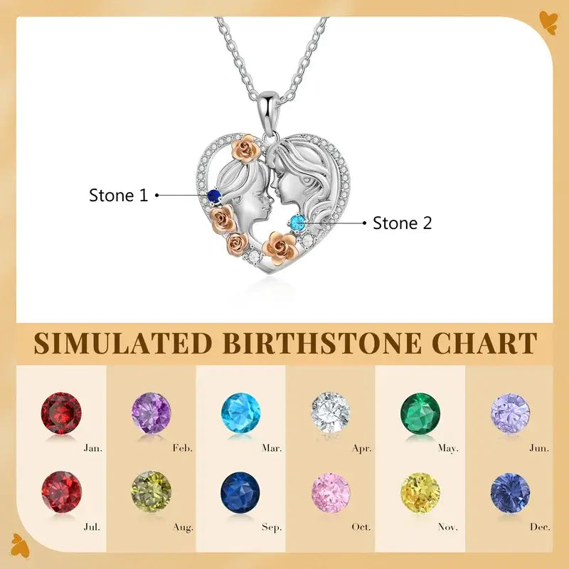 Personalised Necklace for Mum - 2 Birthstones Mother and Daughter Heart Pendant