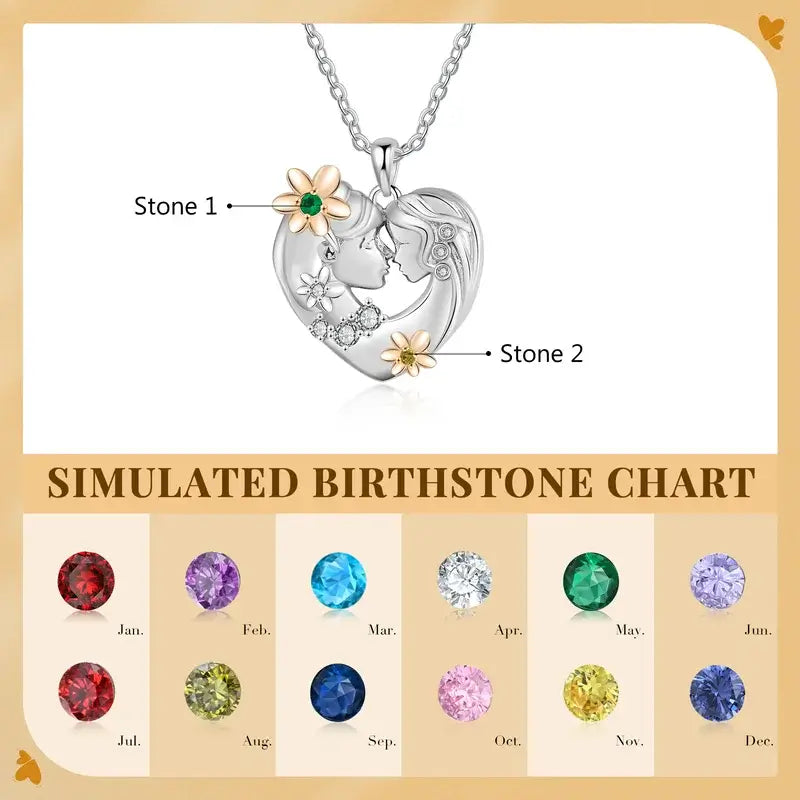 Personalised Mum Necklace - 2 Birthstones Mother and Daughter Heart Pendant
