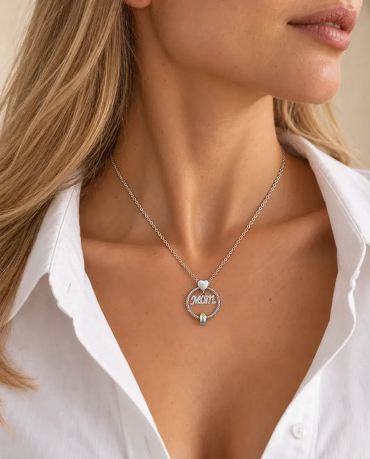 Personalised Birthstone Name Necklace for Mum - worn on a model