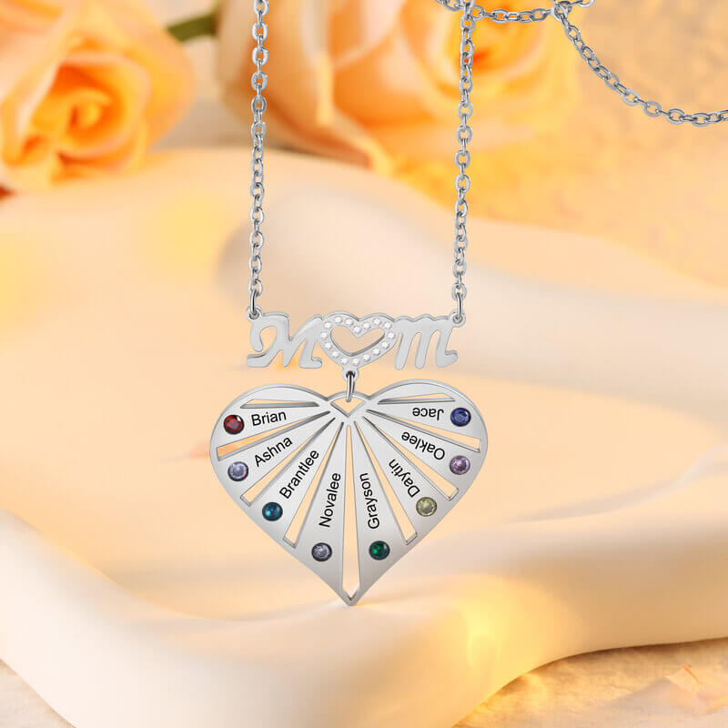 Personalised Heart Shaped Mum Necklace with 1-8 Birthstones and Engraved Names