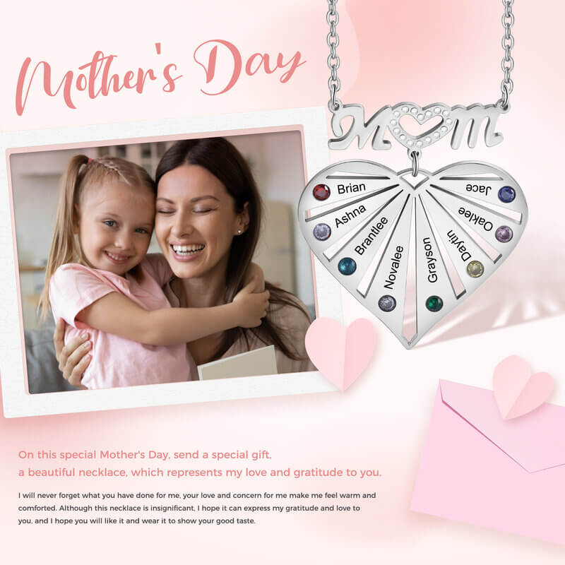 Personalised Heart Shaped Mum Necklace with 1-8 Birthstones and Engraved Names