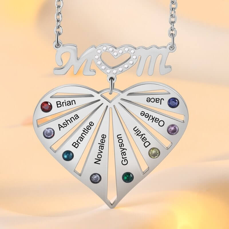 Personalised Heart Shaped Mum Necklace with 1-8 Birthstones and Engraved Names