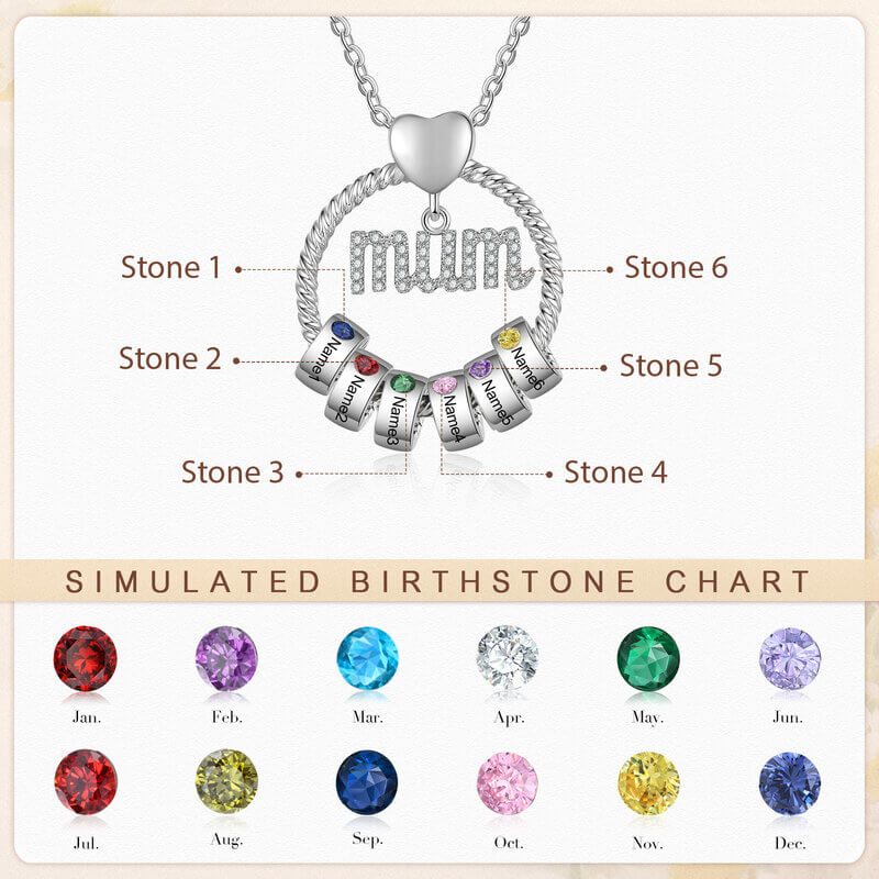 Personalised Mum Necklace with 1-6 Birthstone Engraved Beads