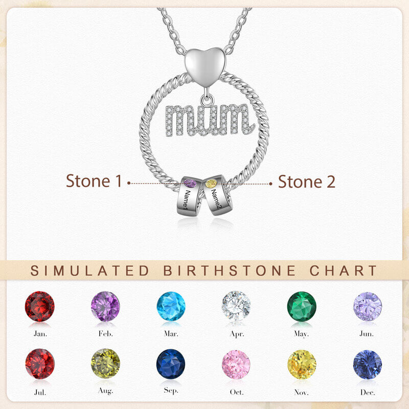 Personalised Mum Necklace with 1-6 Birthstone Engraved Beads