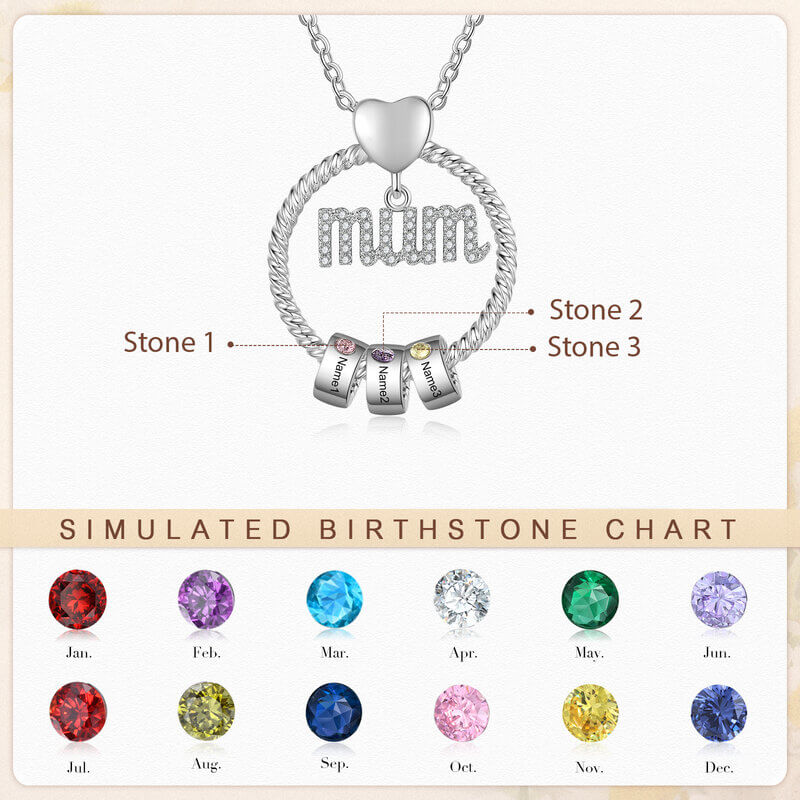 Personalised Mum Necklace with 1-6 Birthstone Engraved Beads