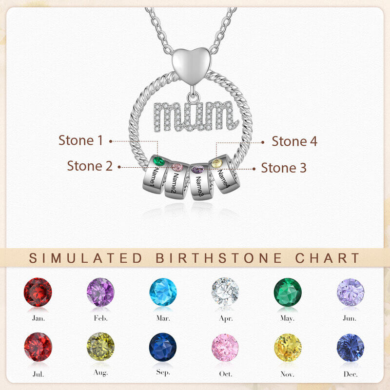 Personalised Mum Necklace with 1-6 Birthstone Engraved Beads