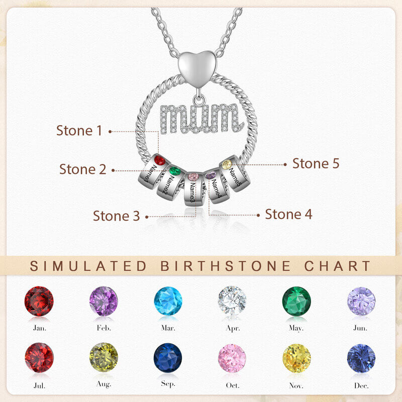 Personalised Mum Necklace with 1-6 Birthstone Engraved Beads