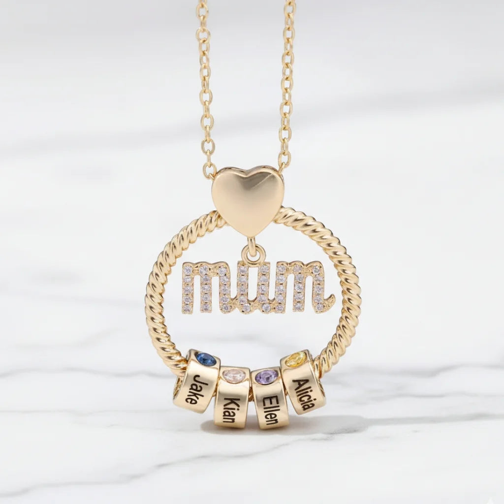 Personalised Mum Necklace with Birthstone Beads - Engrave 1-6 Names in Gold or Silver