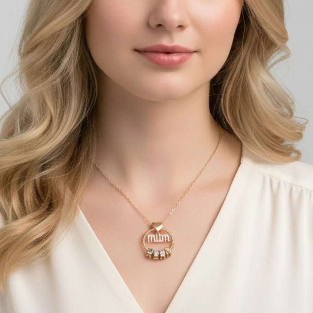 Personalised Mum Necklace with Birthstone Beads - Engrave 1-6 Names in Gold or Silver