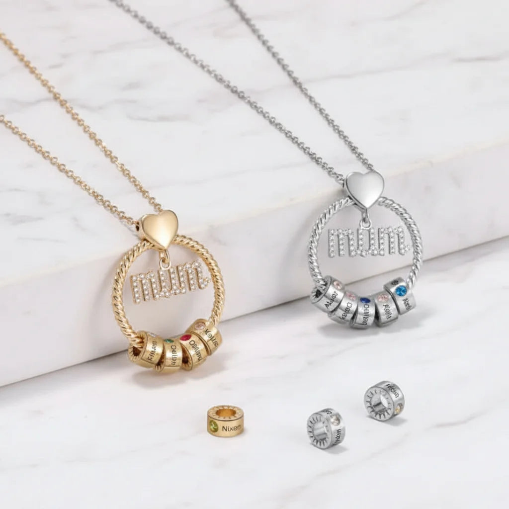 Personalised Mum Necklace with Birthstone Beads - Engrave 1-6 Names in Gold or Silver