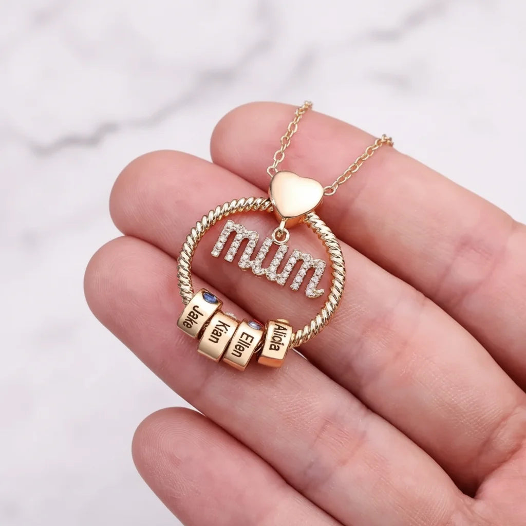 Personalised Mum Necklace with Birthstone Beads - Engrave 1-6 Names in Gold or Silver