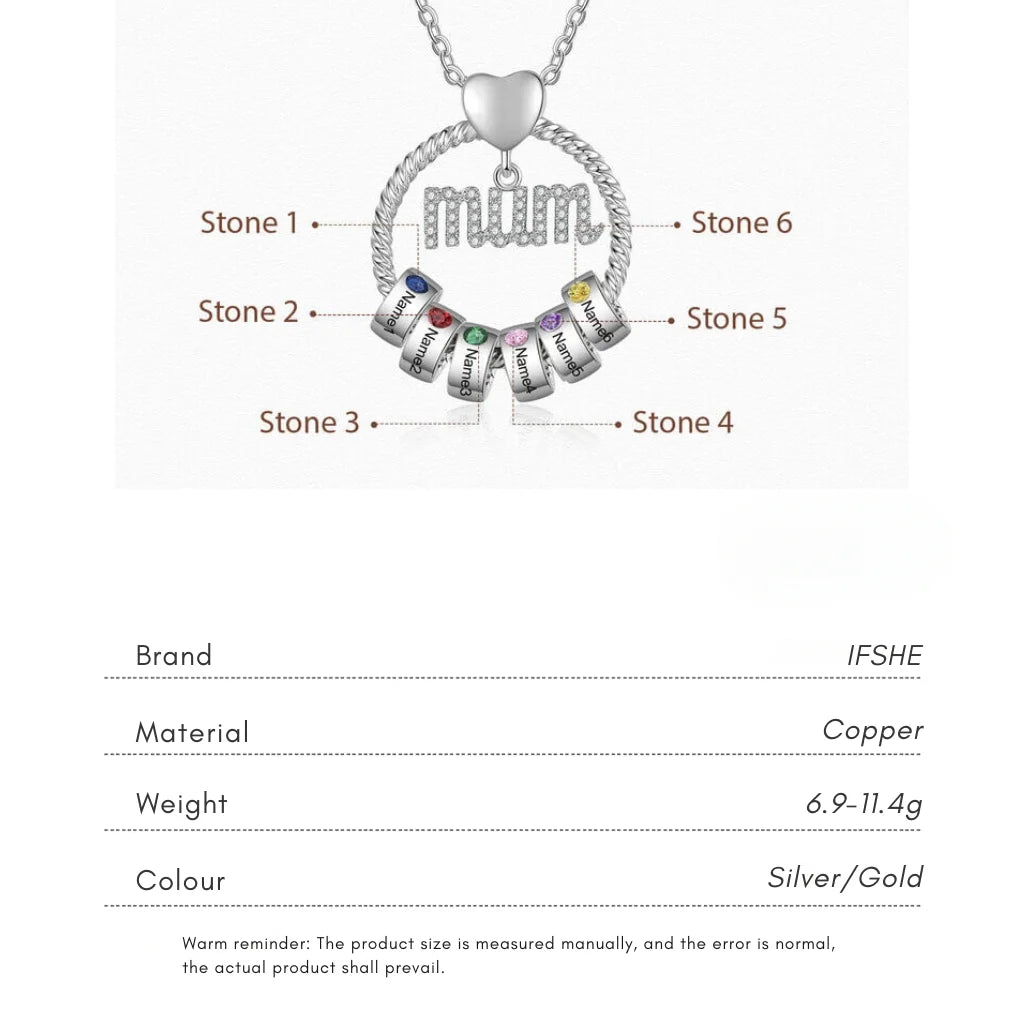 Personalised Mum Necklace with Birthstone Beads - Engrave 1-6 Names in Gold or Silver