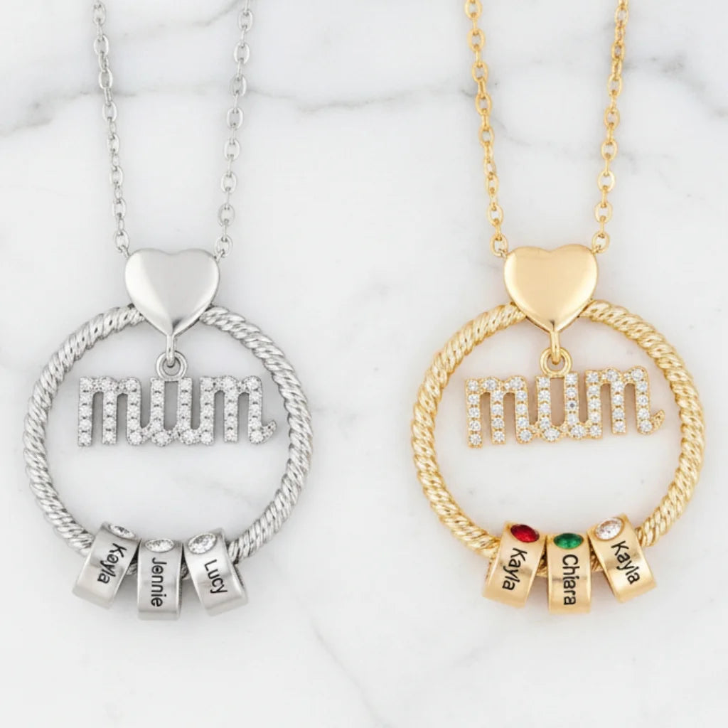 Personalised Mum Necklace with Birthstone Beads - Engrave 1-6 Names in Gold or Silver