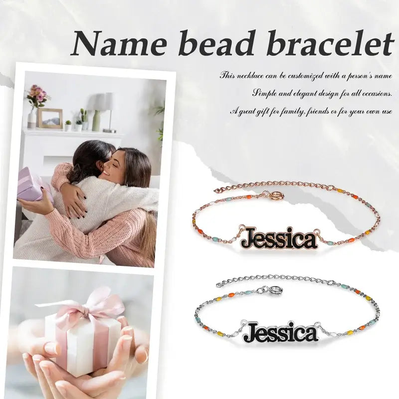 Personalised Name Bracelet Silver/Rose Gold, Beaded Name Bracelet for Women, Custom Name Gift for Her