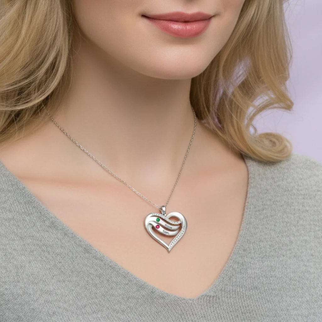 Personalised Name Engraved Heart Necklace for Mum with 2-5 Children's Birthstones, 925 Sterling Silver/Copper