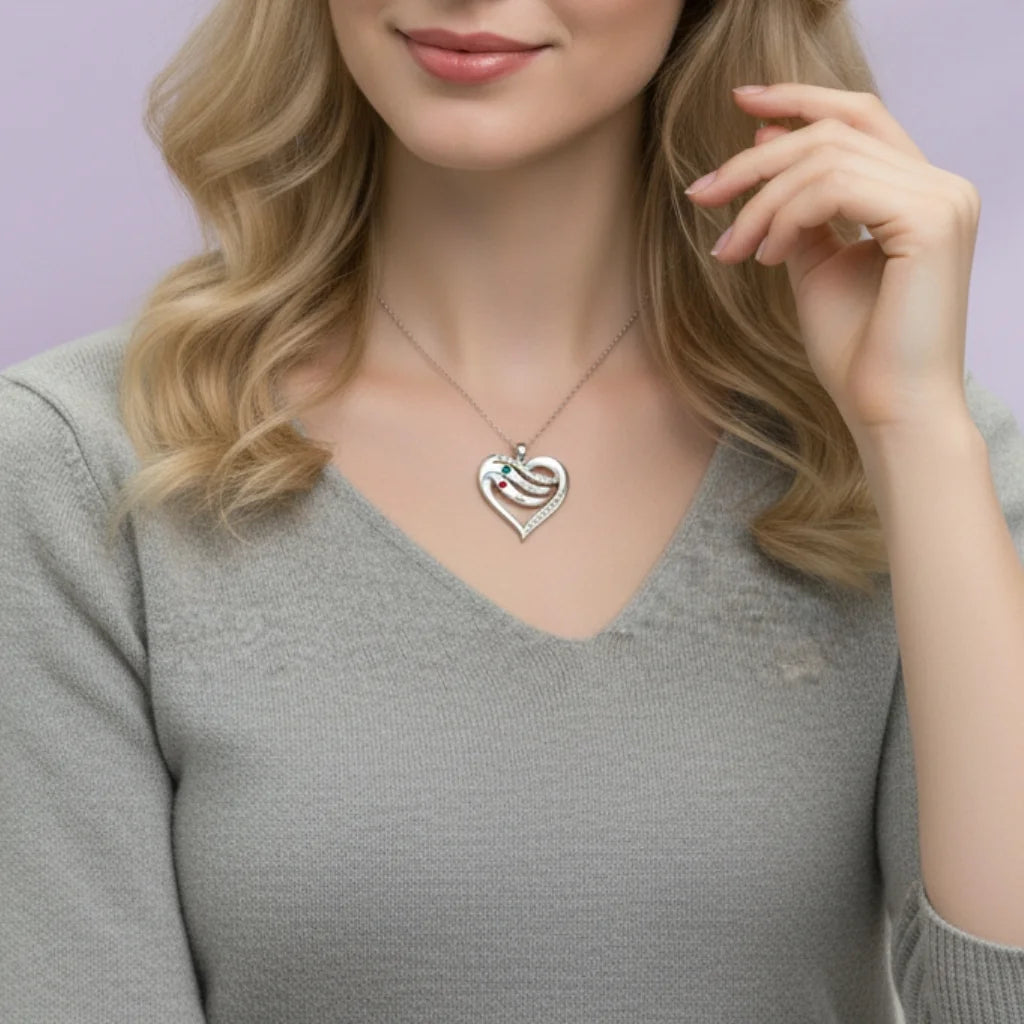 Personalised Name Engraved Heart Necklace for Mum with 2-5 Children's Birthstones, 925 Sterling Silver/Copper