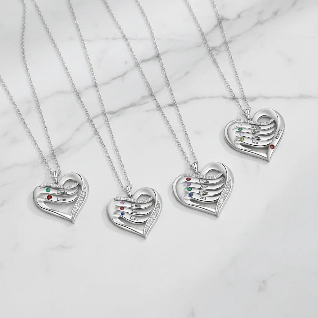 Personalised Name Engraved Heart Necklace for Mum with 2-5 Children's Birthstones, 925 Sterling Silver/Copper