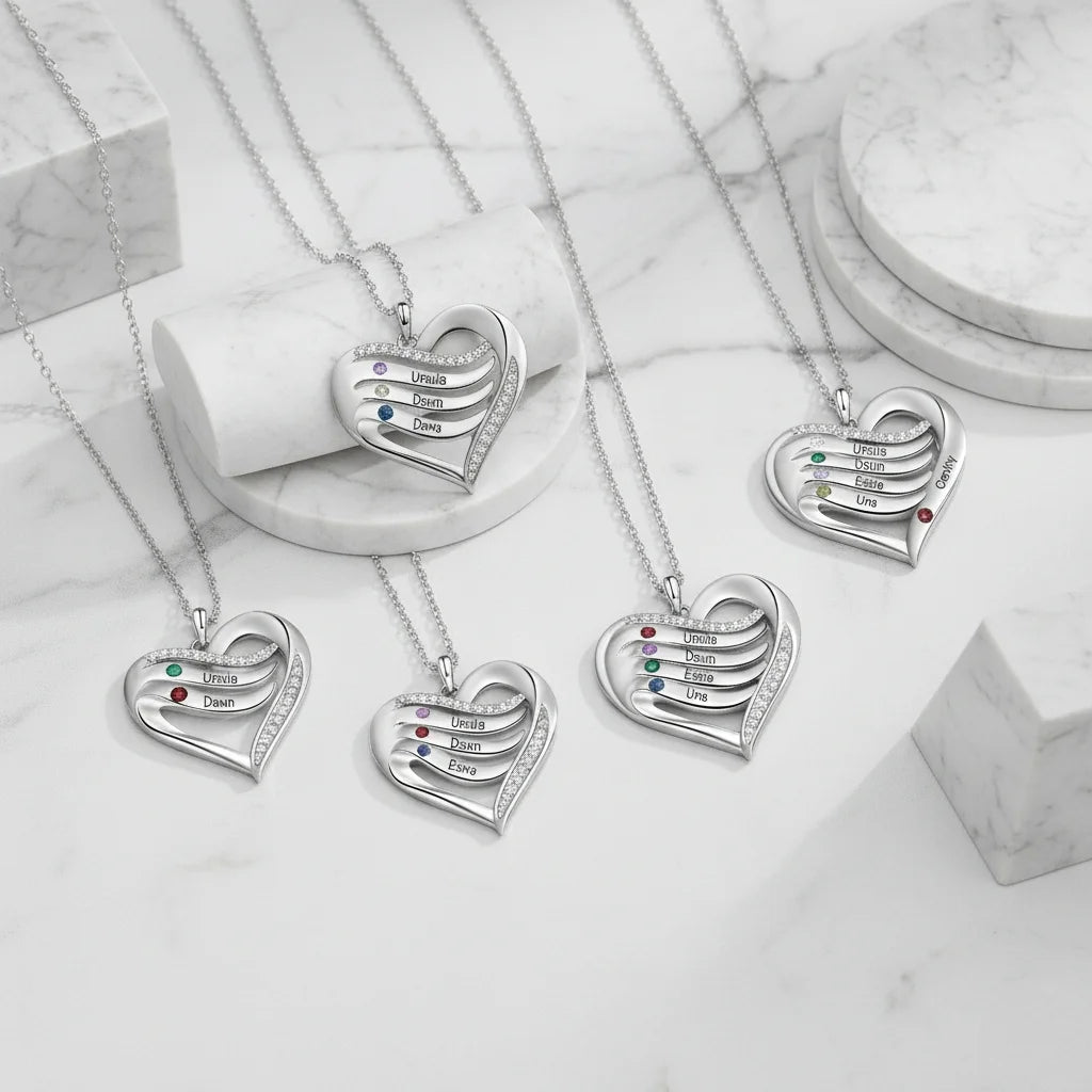 Personalised Name Engraved Heart Necklace for Mum with 2-5 Children's Birthstones, 925 Sterling Silver/Copper