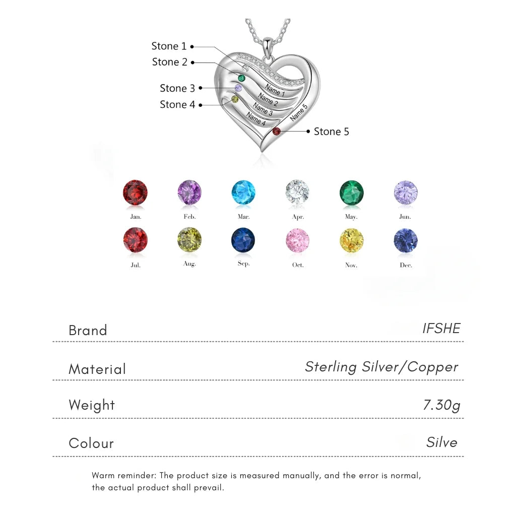 Personalised Name Engraved Heart Necklace for Mum with 2-5 Children's Birthstones, 925 Sterling Silver/Copper