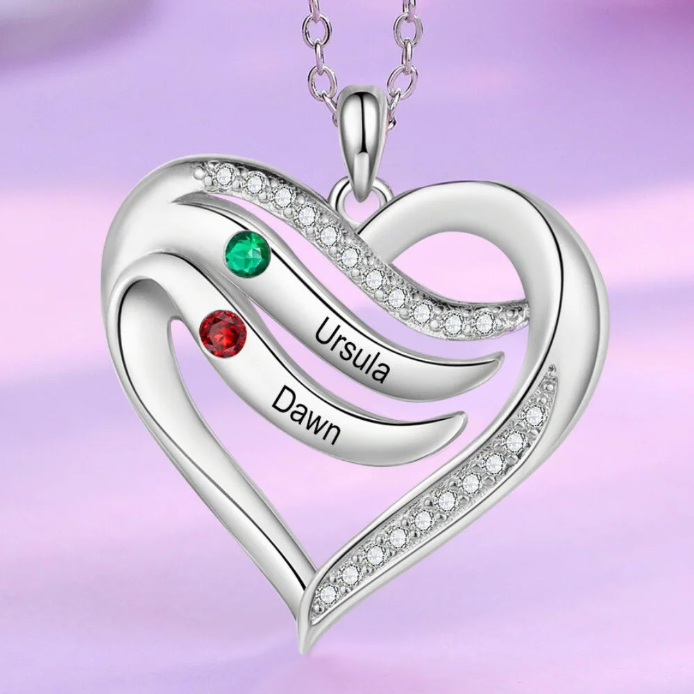 Heart Personalised Necklace, Name Engraved Necklace with 2-5 Children's Birthstones, Personalised Jewellery for Mum