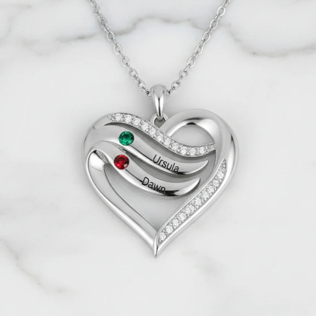 Personalised Name Engraved Heart Necklace for Mum with 2-5 Children's Birthstones, 925 Sterling Silver/Copper