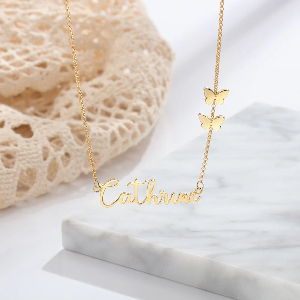 Personalised Name Necklace Two Butterfly Charms, Sterling Silver Name Necklace, Gold/Silver/Rose Gold Custom Name Necklace