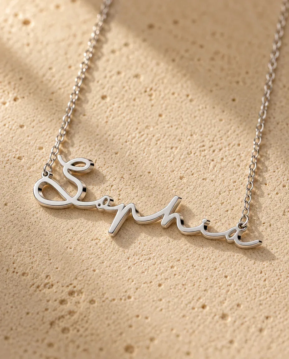 Personalised Cursive Name Necklace - close-up of the cut-out name