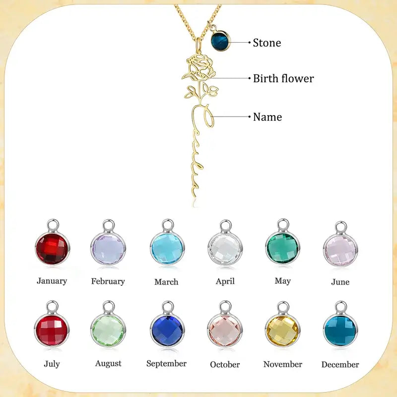 Name Necklace Silver/Gold/Rose Gold | Sterling Silver Name Necklace with Birthstone | Name Necklace with Birthflower