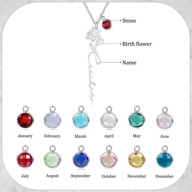 Name Necklace Silver/Gold/Rose Gold | Sterling Silver Name Necklace with Birthstone | Name Necklace with Birthflower