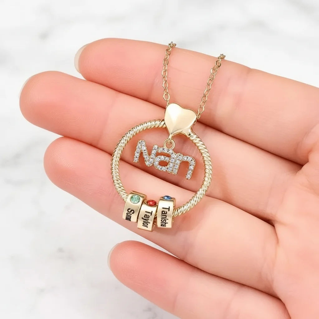 Personalised 'Nan's Love' Engraved Name & Birthstone Bead Necklace