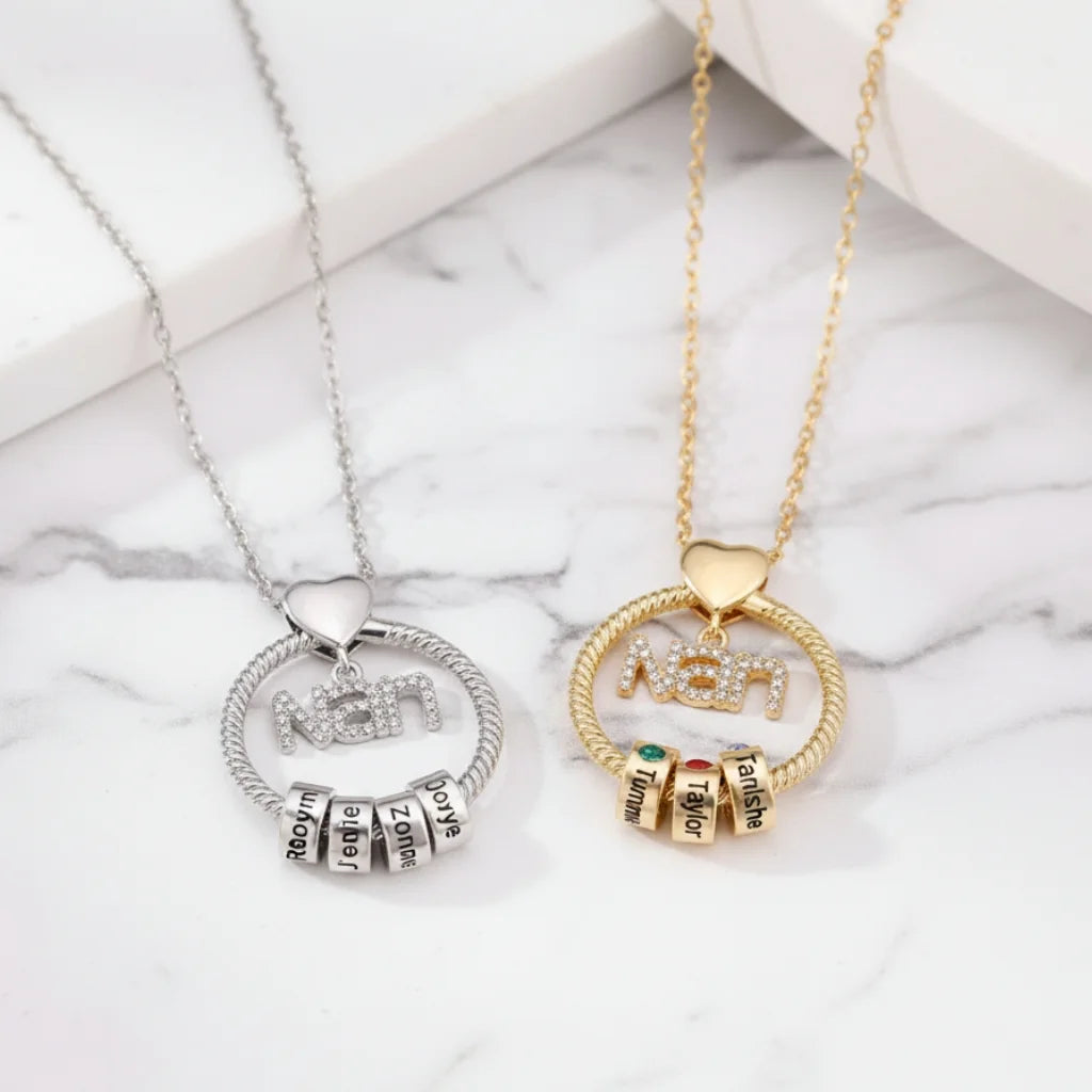 Personalised 'Nan's Love' Engraved Name & Birthstone Bead Necklace