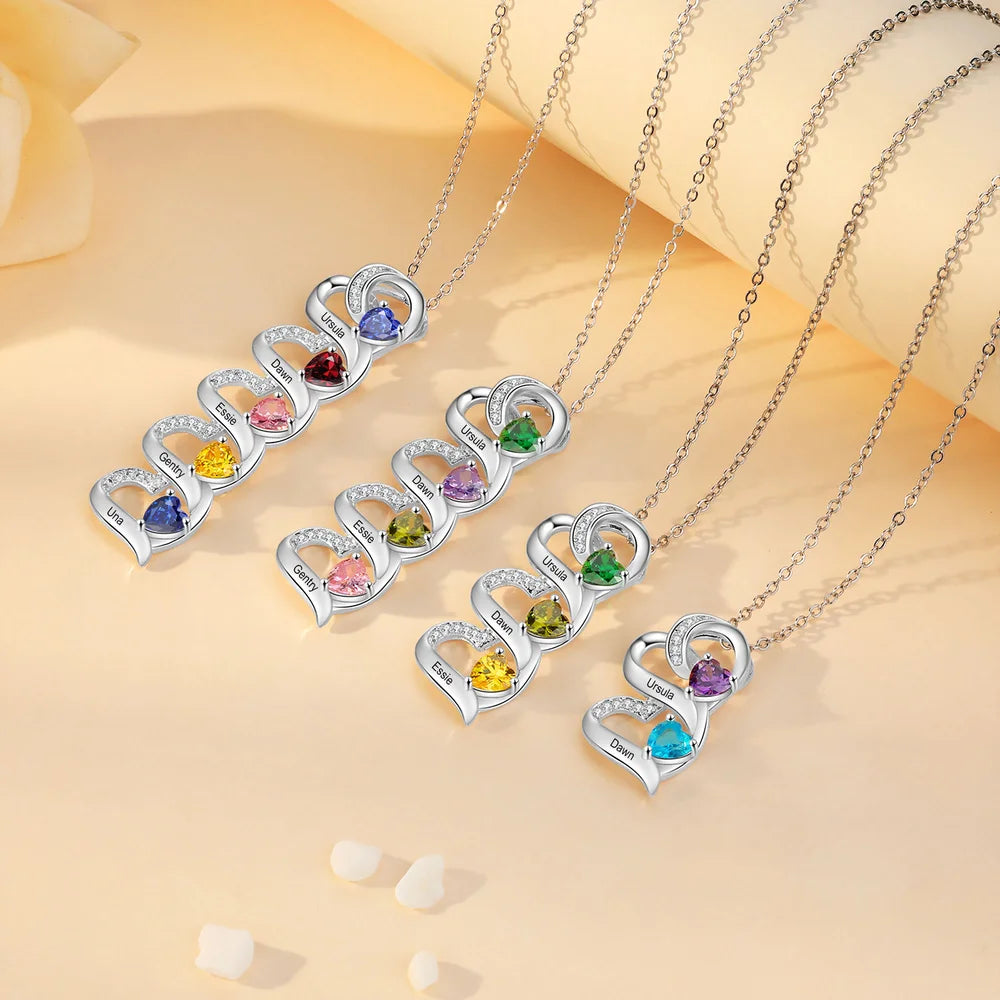 Personalised Necklace 2-5 Heart Charms, Engraved Names Necklace, Customised Birthstone Necklace