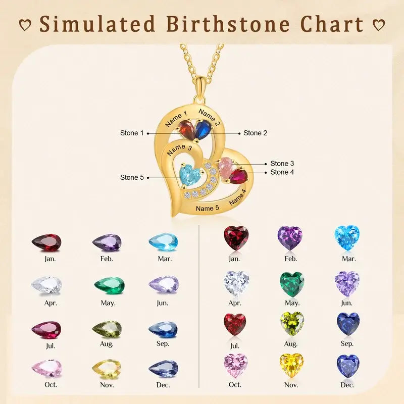 Personalised Necklace for Mum | Birthstone Necklace Heart-Shaped Pendant | Engraved Names Family Necklace | 2 Colours