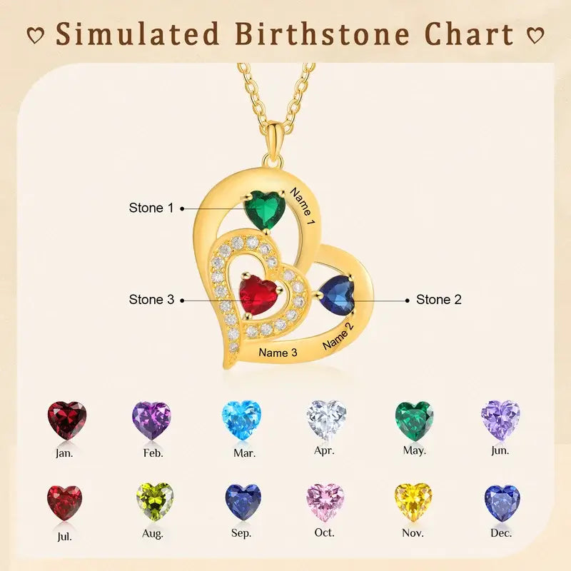 Personalised Necklace for Mum | Birthstone Necklace Heart-Shaped Pendant | Engraved Names Family Necklace | 2 Colours